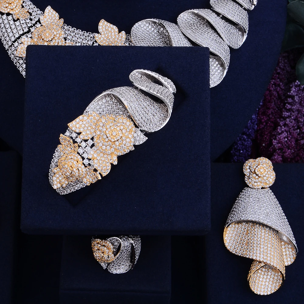 GODKI известный бренд роскошный блестящий цветок лист для женщин Свадьба Naija Свадебный кубический цирконий ожерелье Дубай платье ювелирный набор