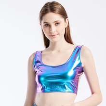Hauts court à col rond pour femme, vêtement métallique brillant, style holographique, sans manches, pour l'été