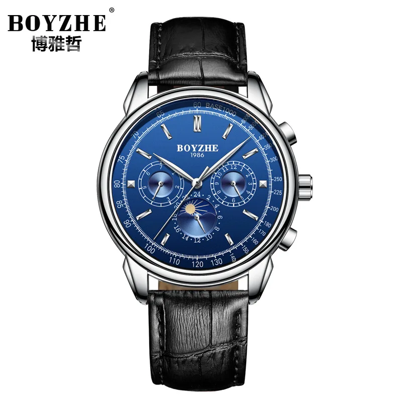 

luxury mens wristwatches leather man watches mechanical Automatic black brown blue waterproof Moon Phase calendar brand boyzhe