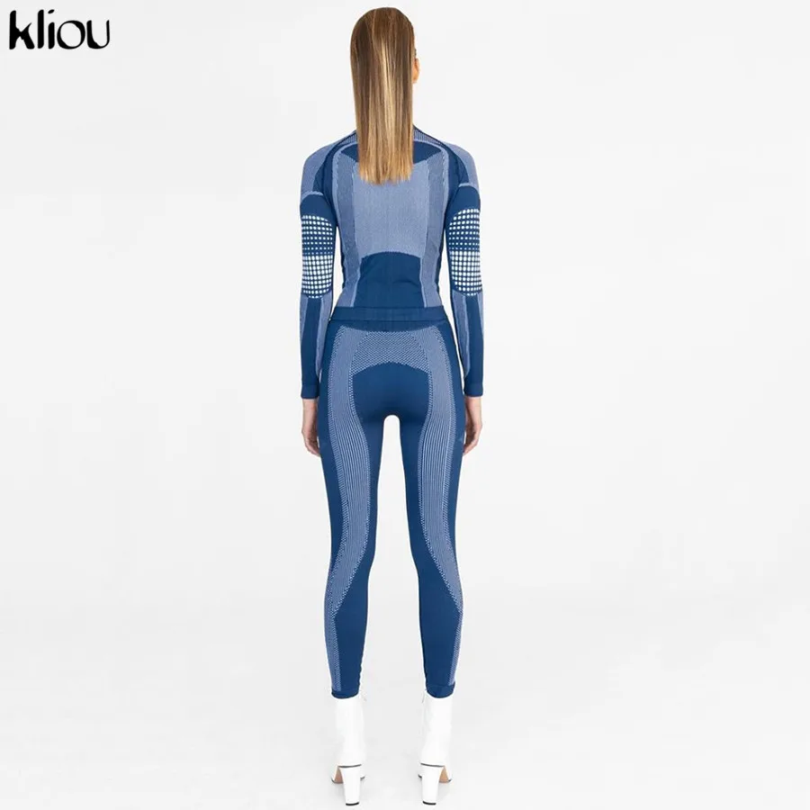 Kliou женский эластичный спортивный костюм с 3д принтом укороченная водолазка с длинным рукавом с воротником и длинные леггинсы штаны