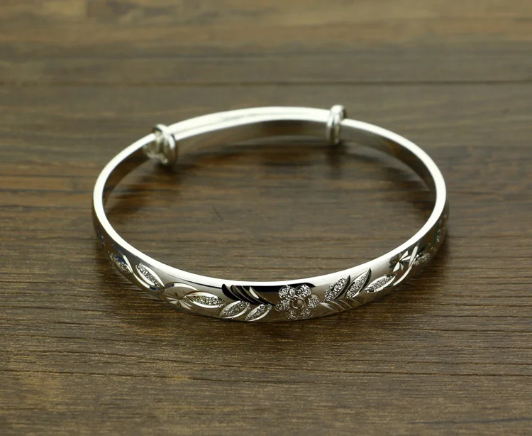 Bohemian Vintage Retro Silver Bracelets for Women - Classic Carved Leaf Plum Design with Zircon, Crafted in Solid 925 Sterling Silver image 2