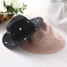 חדש אביב קיץ לנשים פרח חרוזים רחב שוליים ג 'אז פנמה כובע מגן שמש חוף כובע פרח פנינת מסמרת קש כובע(China)