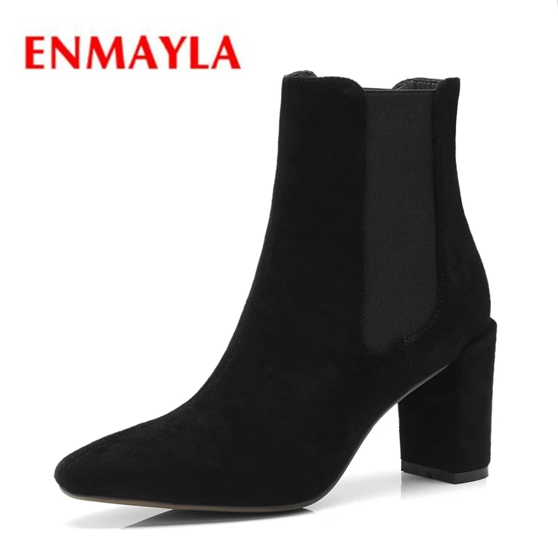 

ENMAYLA New botas mujer women pointed toe square heel ankle boots lady high heel slip-on shoes Size 34-39 ZYL1161