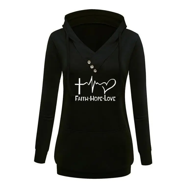 Hoodies For Women Buckle V-Neck Sweatshirt FAITH HOPE LOVE Letters Print Sweatshirt Femmes Hoodies Women Tops Girls Harajuku