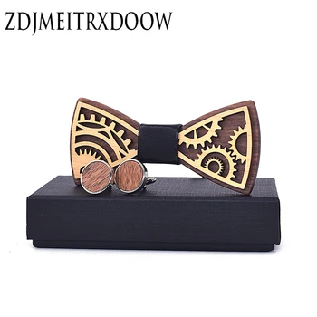 New design Gear wheel Wooden Bow Tie Men's Wood Bowtie Cufflinks Set Brand Business Neckties Cuff Links for Wedding Groom 18 style mix hotsale designs cufflinks men s designer cufflinks gold color bullet design novelty gun design cuff links