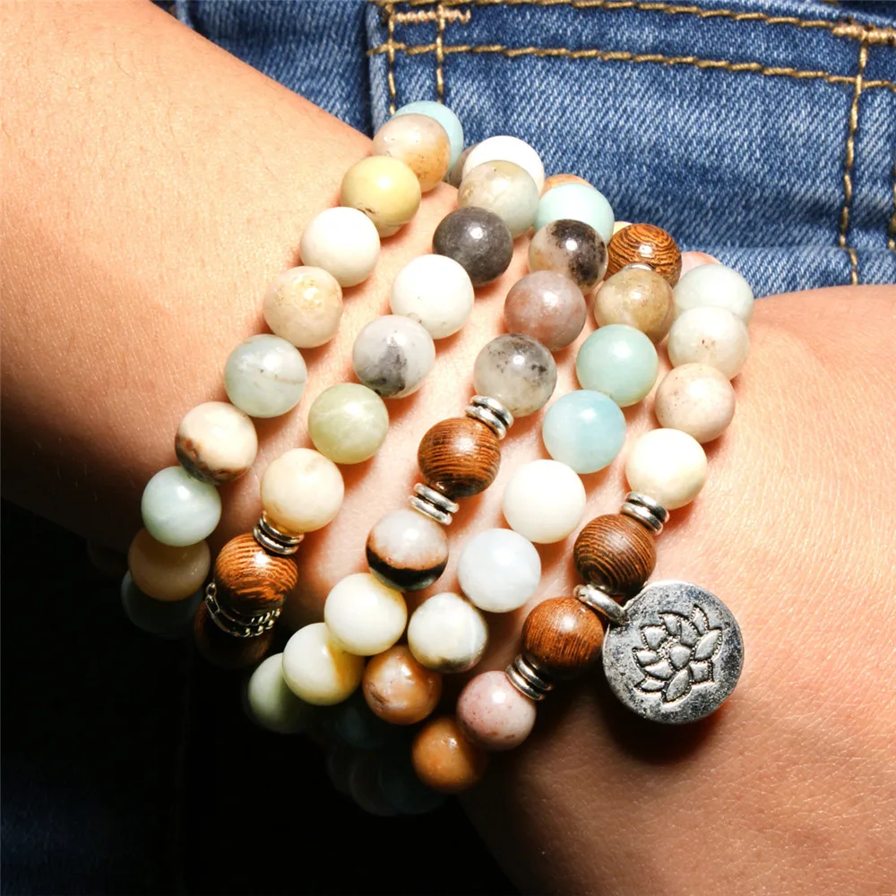 New Design Yoga Lotus Pendant Bracelet Natural Amazonite with Wood Beads 108 Mala Trendy Men and Women's Bracelets or Necklaces |