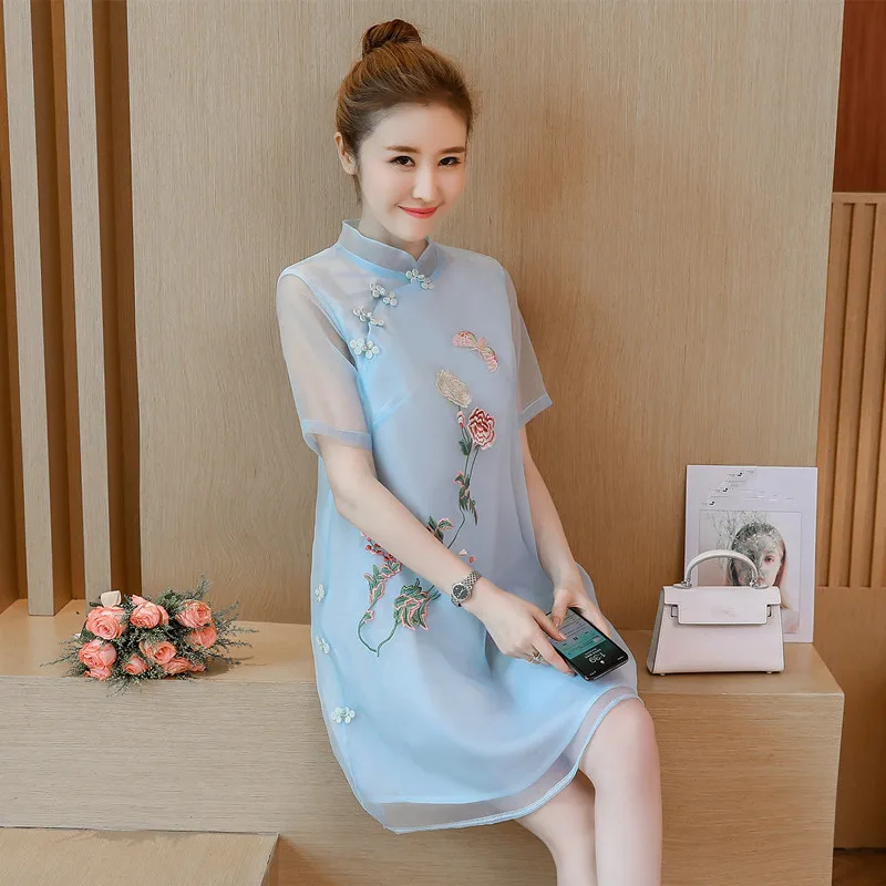 Улучшение Cheongsam Лето органзы женские свободные большой размеры Вышитые Ретро Традиционный китайский ветер платье Qipao