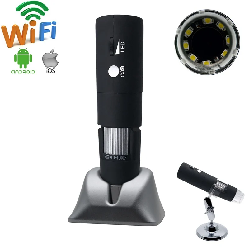 

1080P HD 1000X WIFI Mobile Phone Digital Microscope USB Endoscope Camera with 8LED Lights and Base for Inspection and Testing
