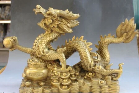

JP S0115 18" Chinese Bronze Zodiac Year Dragon Play Bead Money Wealth Jubao Pen Statue B0403