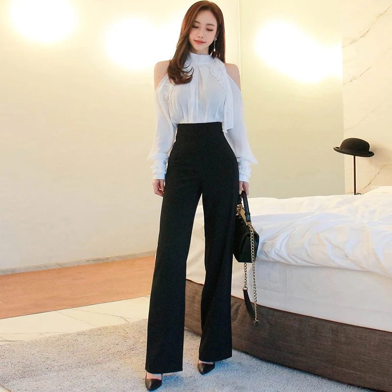 2018 Autumn Off Shoulder Loose White Blouse High Waist Long Black Pant ...