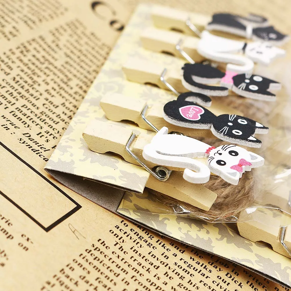 

10 Pcs/Pack New Japan Cat Style Wood Clips Hemp Rope Mini Clip Paper Bag Students' DIY Tool