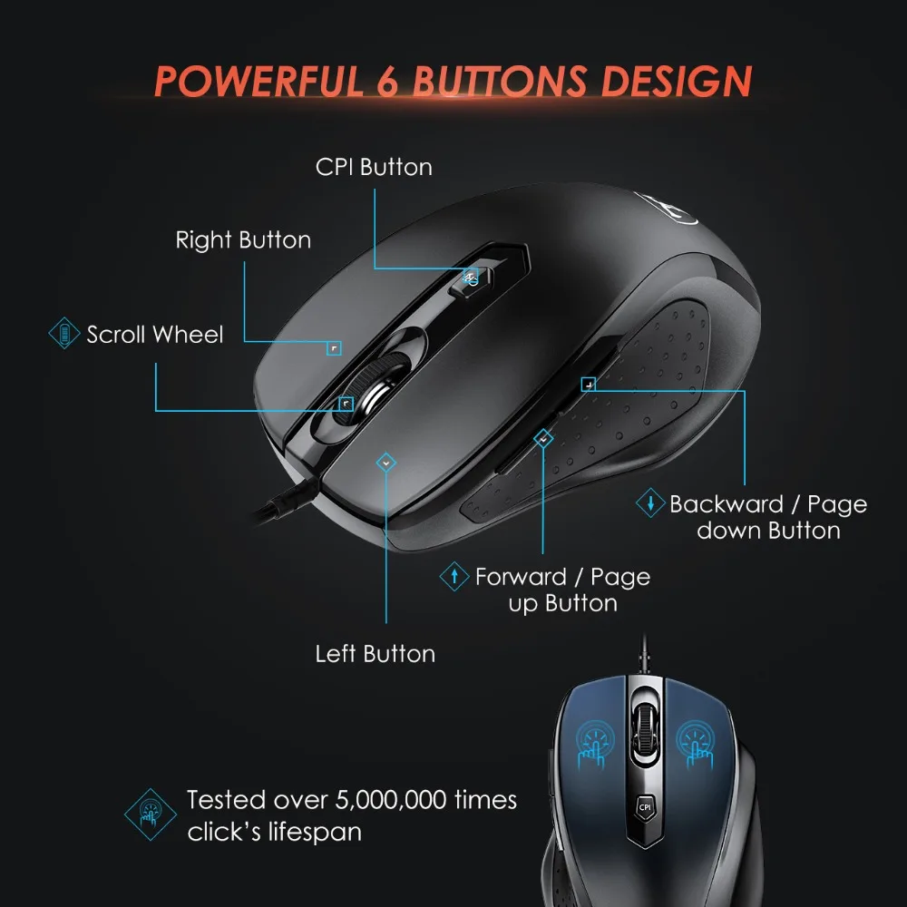VicTsing 6-кнопочная Мышь эргономичная Проводная Оптическая USB Мышь с 4 Регулируемый Точек на дюйм значений 5 футов в длину кабеля компьютерных игр Мышь