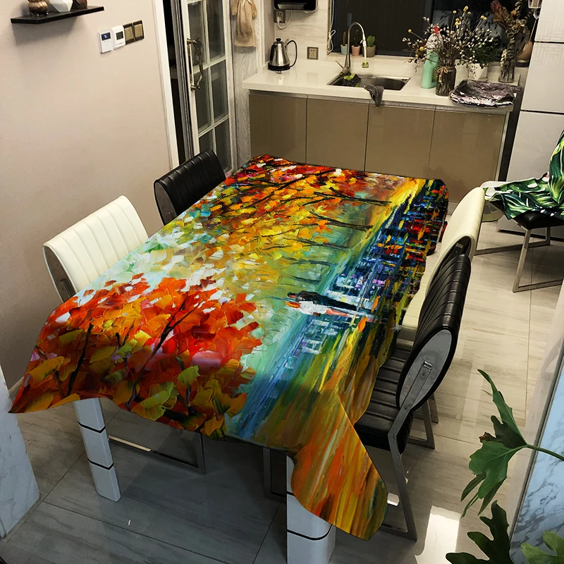 

Oil painting tree Tablecloth Creative Colorful Pattern Polyester Comfortable Waterproof Table Cloth Cover for Home