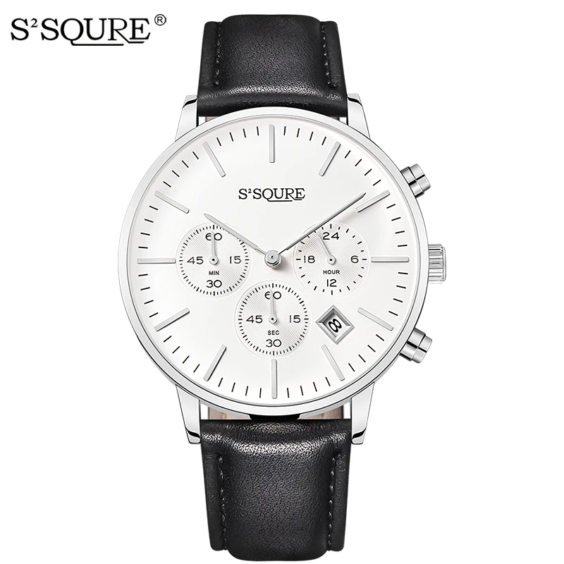 

S2SQURE Fashion Mens Watches Quartz Genuine Leather Chronograph Military Watch Auto Date Wristwatches Montre Homme S002