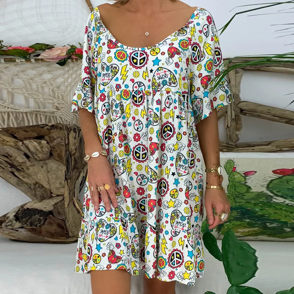 

SummWomen's Ladies Loose Print Short Sleeve Mini Dress Summer Dress Vestidos de festa 7.23