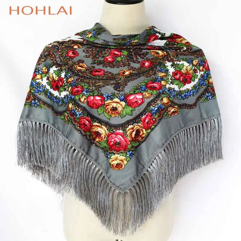Роскошный бренд, русская мода, женский классический шарф с кисточками, цветочный принт, шаль, подарок, хлопок, для девушек, теплая, квадратная обёрточная бумага, солнцезащитный козырек, шарфы - Цвет: 03-11