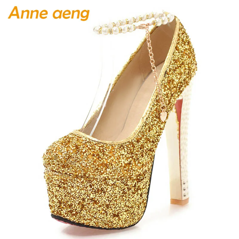 

Spring/Autumn Women Pumps High Square Heel Pearl Buckle Sexy Ladies Bling Bridal Wedding Women Platform Shoes Gold High Heels