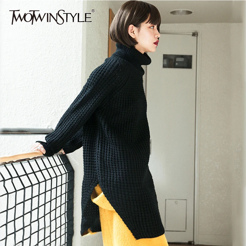 

TWOTWINSTYLE Turtleneck Knitting Sweater For Women Long Sleeve Side Split Casual Pullover Female Fashion Jumper 2019 Clothes New