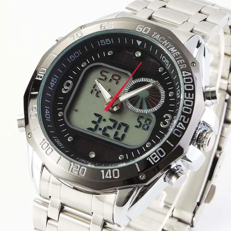 Fashion Solar Men s Sport Watches Full Stainless Steel Waterproof Dual Time Analog Quartz Digital LED