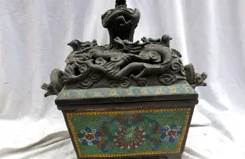 

free shipping 10" China handmade red bronze Cloisonne censer dragon phoenix incense burner