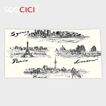 

Custom Microfiber Ultra Soft Bath/hand Towel,Apartment Decor Silhouettes Of Different Popular Cities In The World Paris Sidney