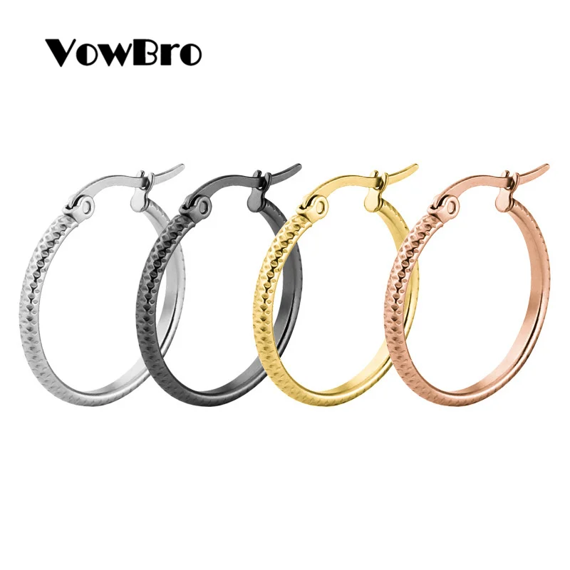cheap VowBro 15mm 20mm 25mm 30mm Stainless Steel Hoop Huggies Earrings Woman Silver Gold Rose Color