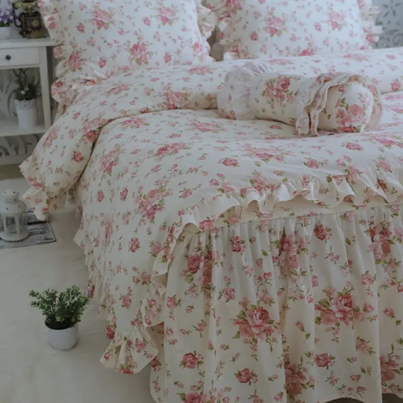 Сад цветочный принт постельное белье Качество Полный Хлопок рюшами пододеяльник элегантный простыня юбка Тип принцесса покрывало