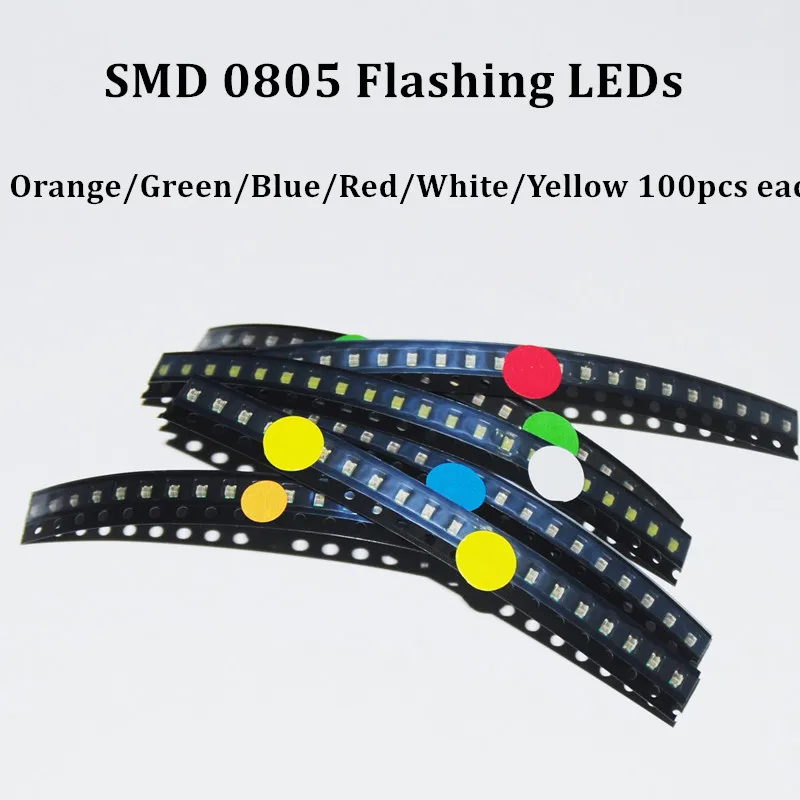 

600pcs Flash 0805 LED Diode Mixed Orange / Red / Jade-Green / Blue / Yellow / White 0805 SMD LEDs Blinking Flashing LED Diod