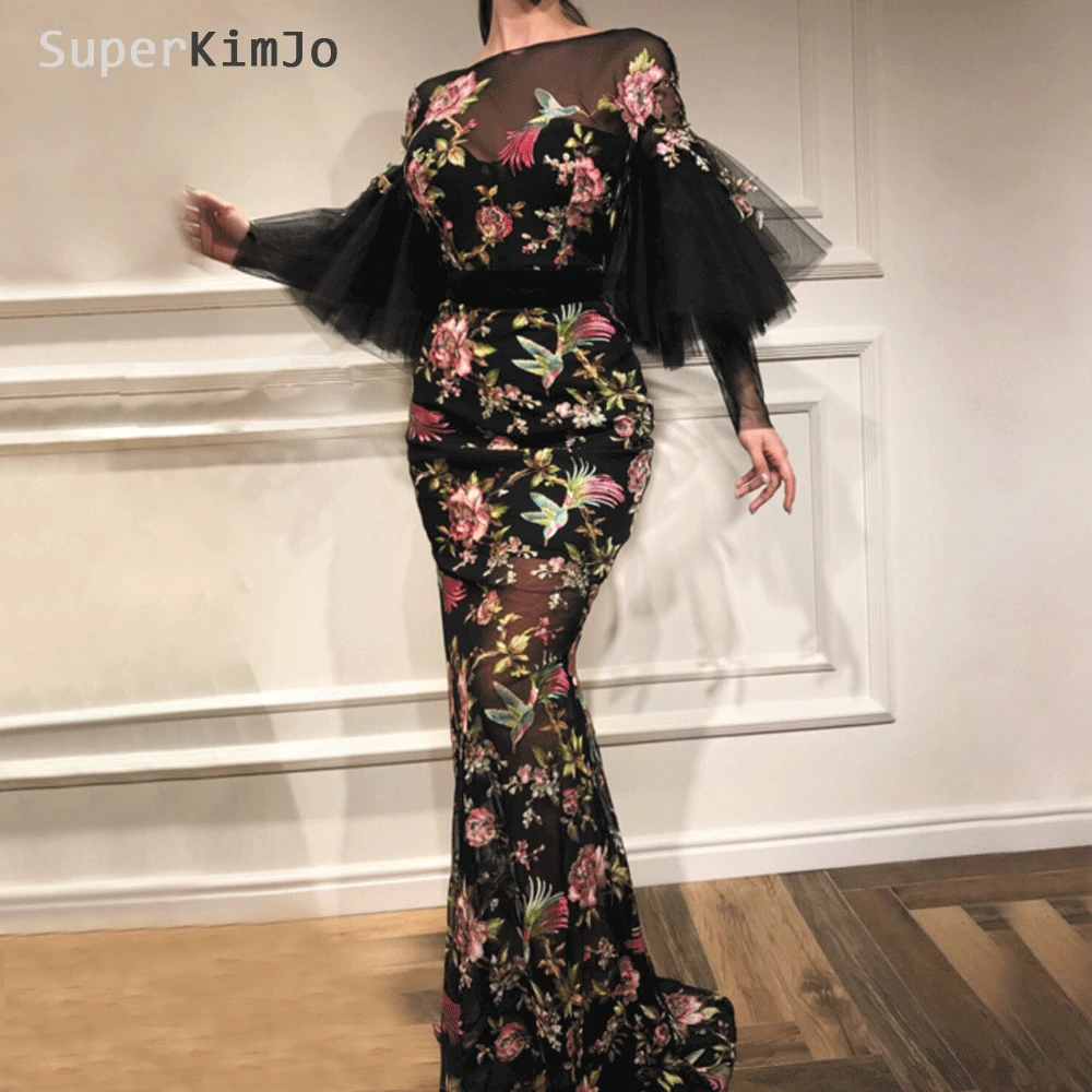 Вечерние платья SuperKimJo с принтом длинным Расклешенным рукавом Черное вечернее