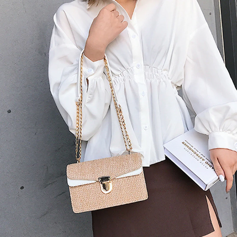 

Casual Chains Straw Women Shoulder Bags Fashion Beach Bags For Women Small Rattan Beach Messenger Bags Small Phone Flap Purse