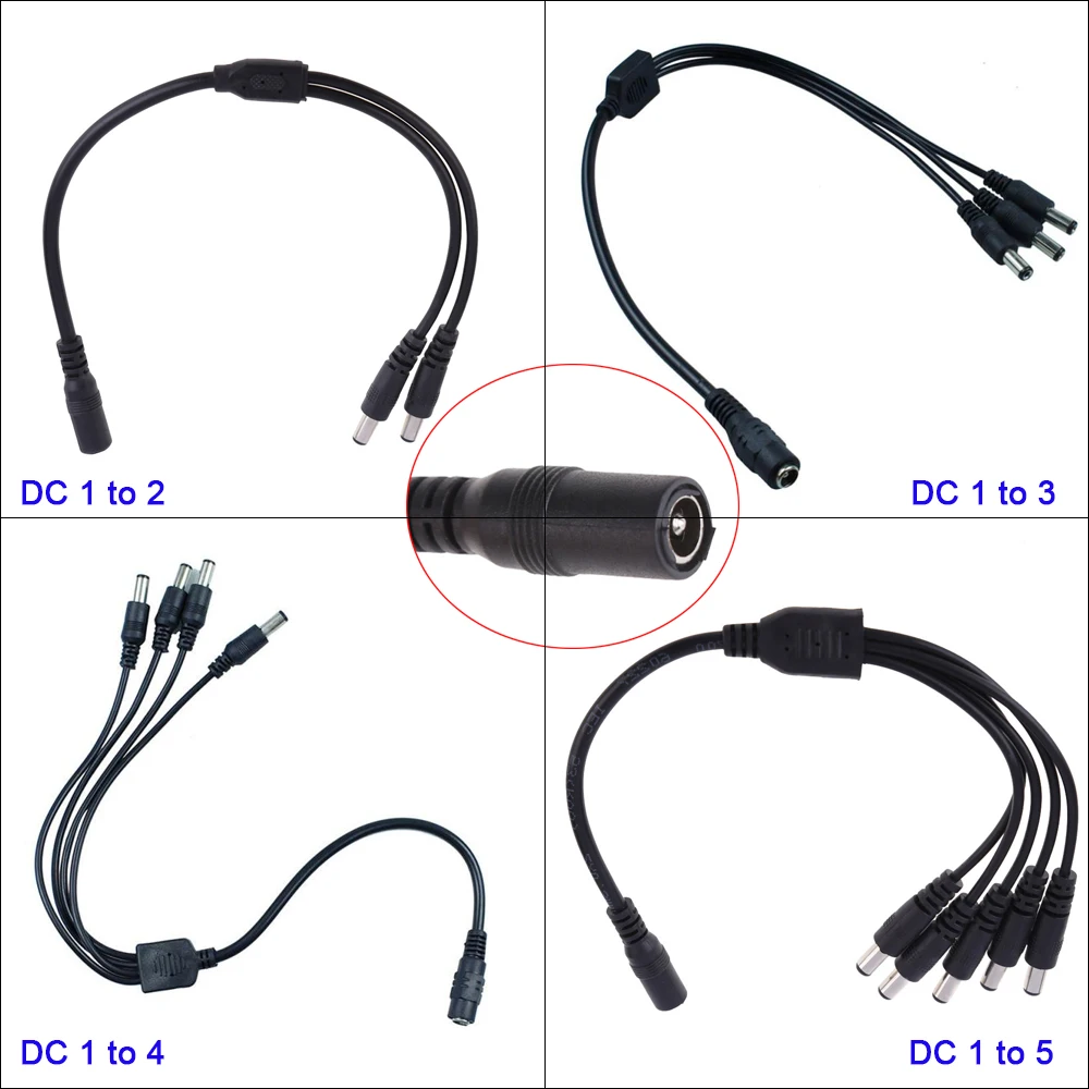 

1pcs CCTV Security Camera 1 DC Female To 2/3/4/5 Male plug Power Cord adapter Connector Cable Splitter for LED Strip lights