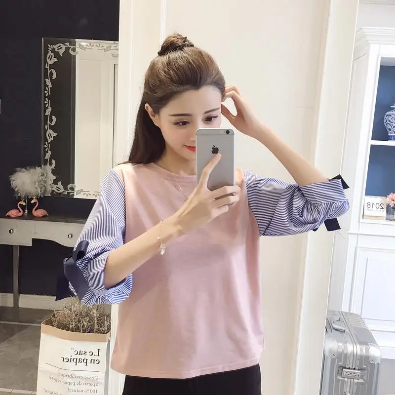 Весенне-осенняя хлопковая рубашка в полоску, топы, имитация двух частей, Лоскутные Повседневные пуловеры с бантом, офисные рубашки корейского размера плюс, блузки - Цвет: pink