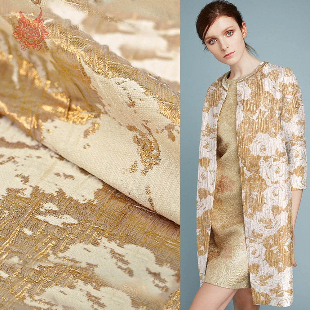 

France style luxury beige gold floral metallic jacquard crepe brocade fabric for dress coat tissu tela tecidos stoffen SP5034