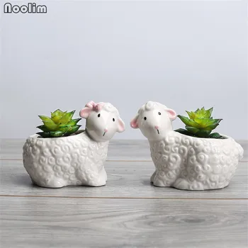 

NOOLIM Cute Ceramic Couple Sheep Succulent Pots Pastoral Succulent Planter Pot Home Office Tabletop Garden Decor Wedding Gift
