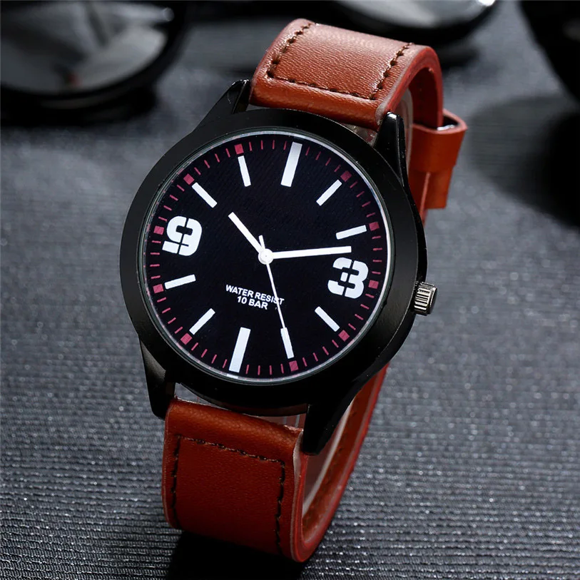 Men Leather Band Analog Quartz Round Wrist Watch Watches Store sales