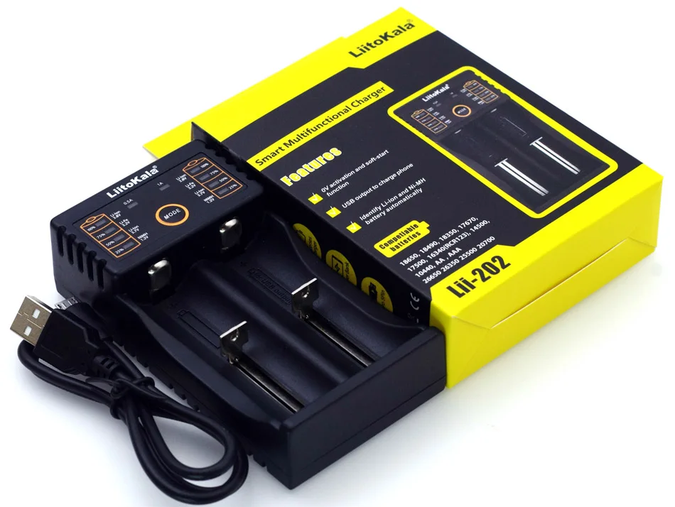 Умное устройство для зарядки никель-металлогидридных аккумуляторов от компании Liitokala: Lii-202 18650 Зарядное устройство 1,2 V 3,7 V 3,2 V 3,85 V AA 26650 10440 14500 16340 никель-металл-гидридного li-ионная аккумуляторная батарея смарт-Зарядное устройство 5V 2A штепсельной вилки
