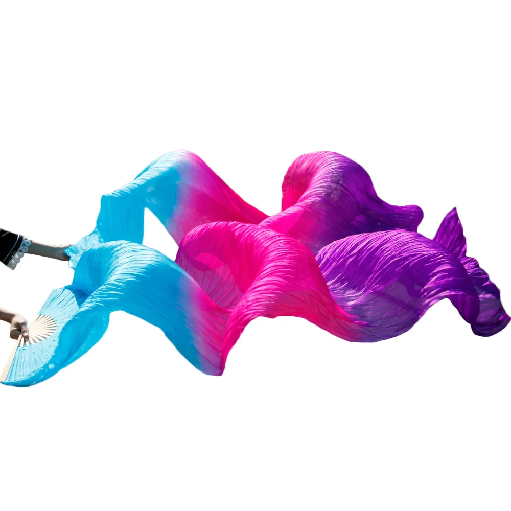 Stage Performance 100% Silk Belly Dance Fans Gradient Colour Dance Accessories Belly Dancing Silk Fans turquoise+rose+purple