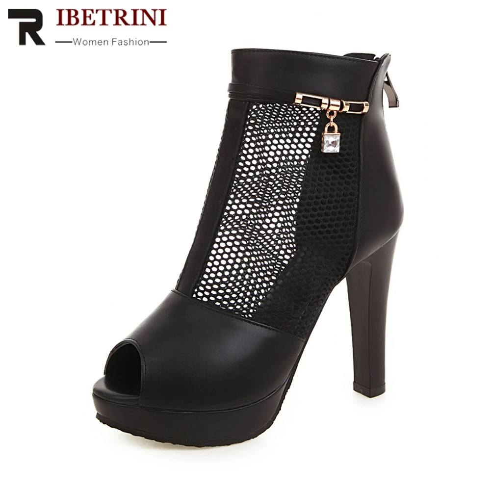 

RIBETRINI 2019 New Elegant Black Platform Mesh Sandals Women 2019 Summer Large Size 33-43 Cool Women High Heels Shoes Woman