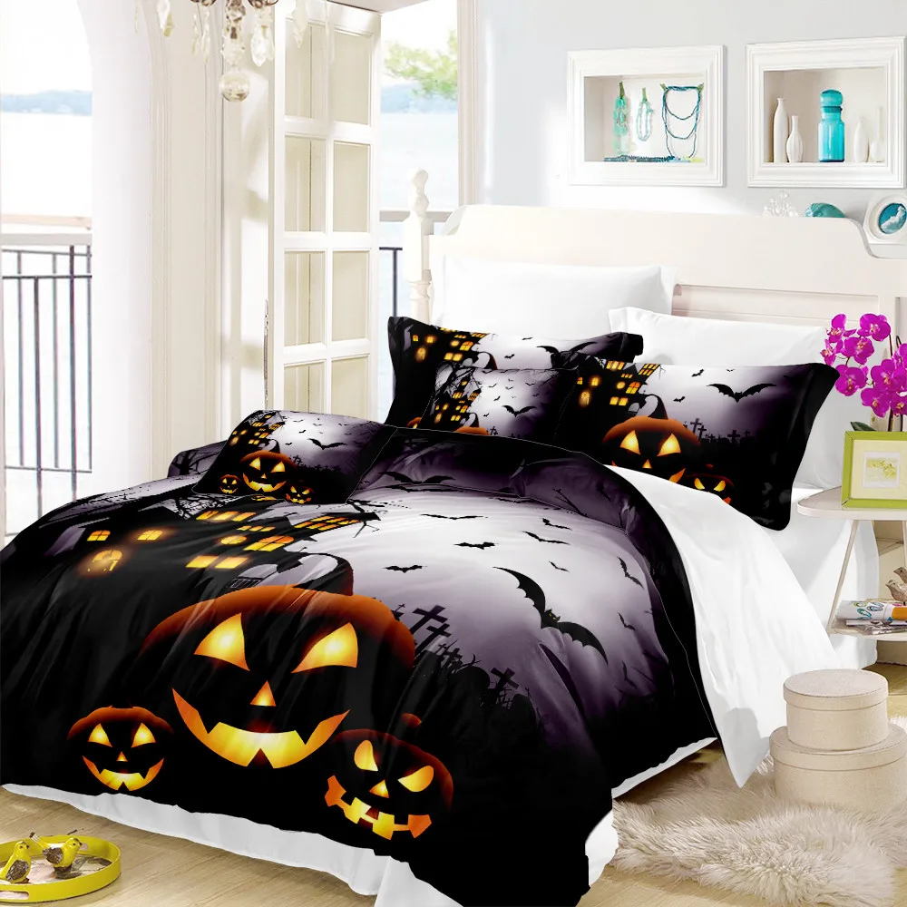 3D Pumpkin Bedding Set Halloween Night Duvet Cover Castle Bat Print Bed Pillowcase Kids Cartoon Bedclothes D35 | Дом и сад