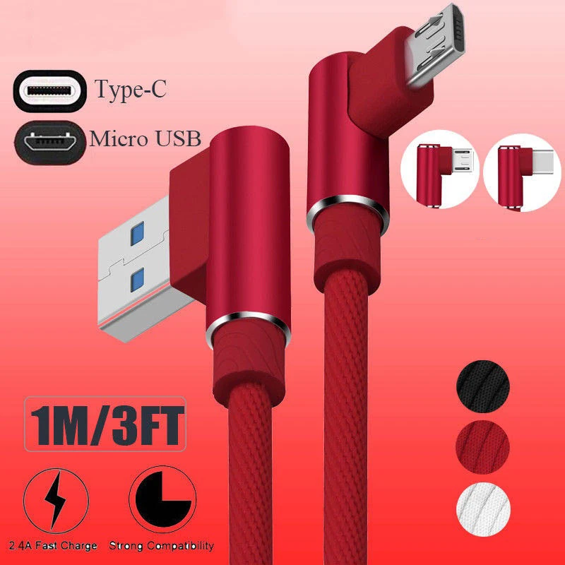 

2.4A Fast Charging Nylon 90 Degree Right Angle Design For IOS Micro USB Type-C Data Cable Sync Cord for Android iPhone X 8 iPad