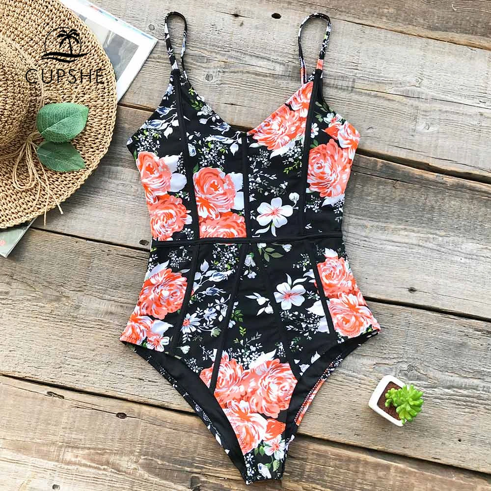 baratas CUPSHE Escondido Fragrância Flora Imprimir One pedaço Swimsuit Monokini de Volta Recorte de decote em V Sexy 2018 Senhoras Praia Maiô swimwear
