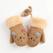 Горячая Зимние перчатки детские брюки для девочек и мальчиков, детский жилет из искусственного замши кроличий мех варежки с отворотами с полный палец теплые рукавицы с длинной веревке