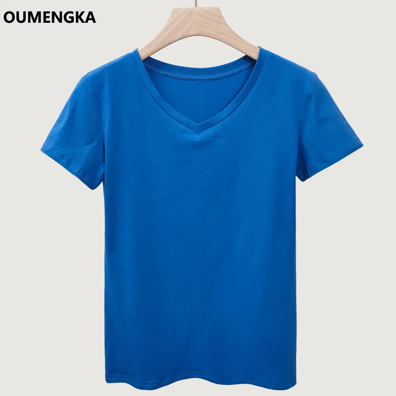 Высококачественная базовая футболка из хлопка с v-образным вырезом, 6 ярких цветов, простая женская футболка с коротким рукавом, женские топы S-5XL - Цвет: blue