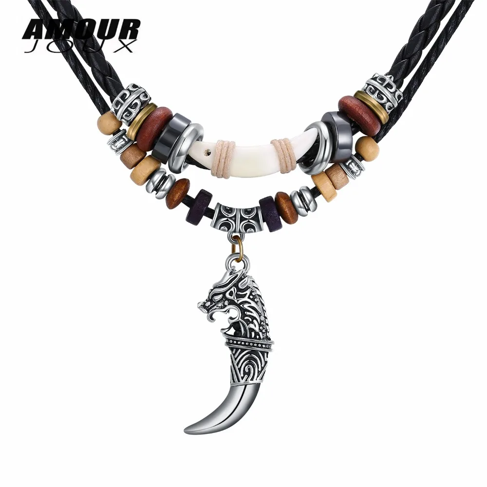 AMOURJOUX Rock Wolf Head Colored Beads Two Layers Braid Genuine Leather Chain Pendant Necklace For Women Men Long Sweater | Украшения и