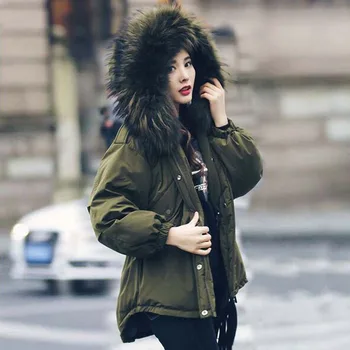 

Large Real Natural Raccoon Fur 2019 Fashion Brand Winter Jacket Women White Duck Down Coat Warm Loose Amry Green Parkas