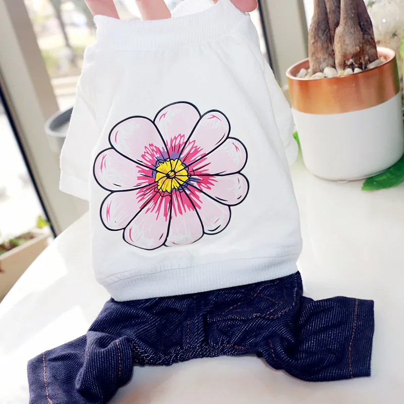 Весенне-летняя одежда для собак комбинезон с цветочным рисунком джинсы одежда для щенков одежда костюм для маленькой собачки комбинезоны