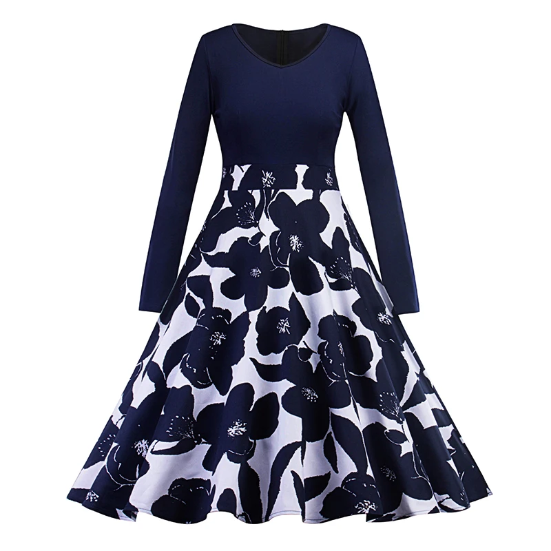 Kostlich 2017 Floral Print Autumn Winter Dress Women V-Neck Long Sleeve Hepburn 50s Vintage Dress Swing Elegant Party Dresses (6)