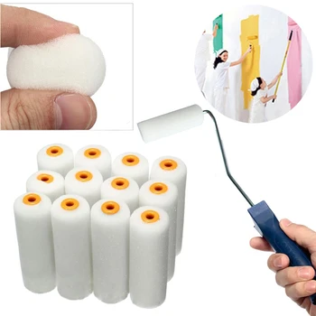 

12pcs Craft Wall Varnishing Foam Painter Brush Heads with Paint Roller Handle Decorating