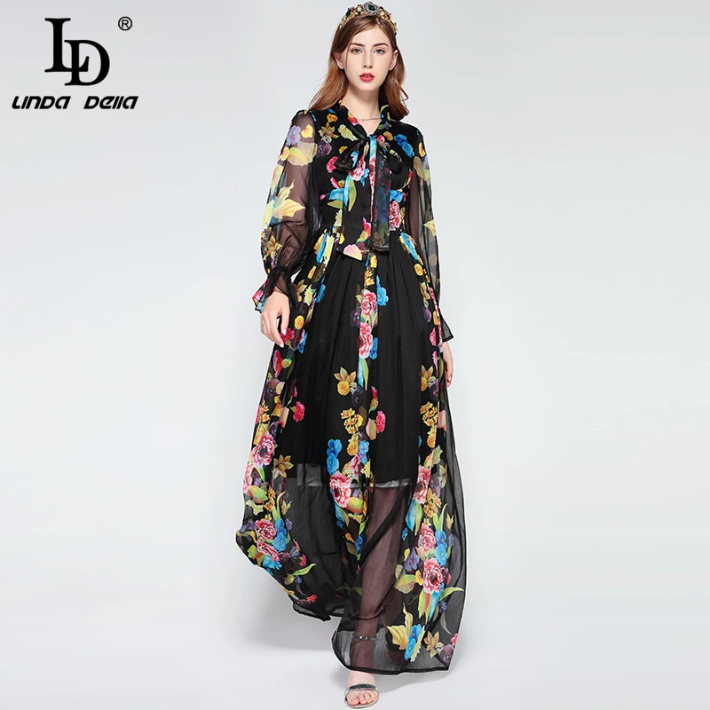 

LD LINDA DELLA Fashion Runway Maxi Dress 5XL Plus size Women's Long Sleeve Bow Collar Vintage Chiffon Floral Printed Long Dress