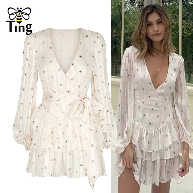 

Tingfly New Arrivals Casual V neck Asymmetrial Ruffles Mini Dress Women Spring Autumn Full Sleeve Casual Short Dresses Vestidos